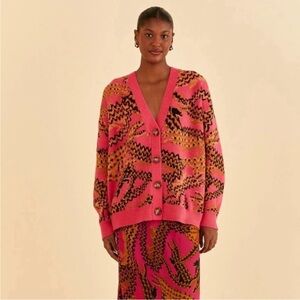 Farm Rio Croco pink knit cardigan sweater